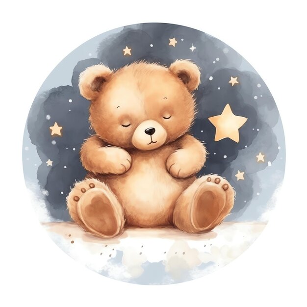 A cozy teddy bear resting on a fluffy cloud hugging a star in watercolor style