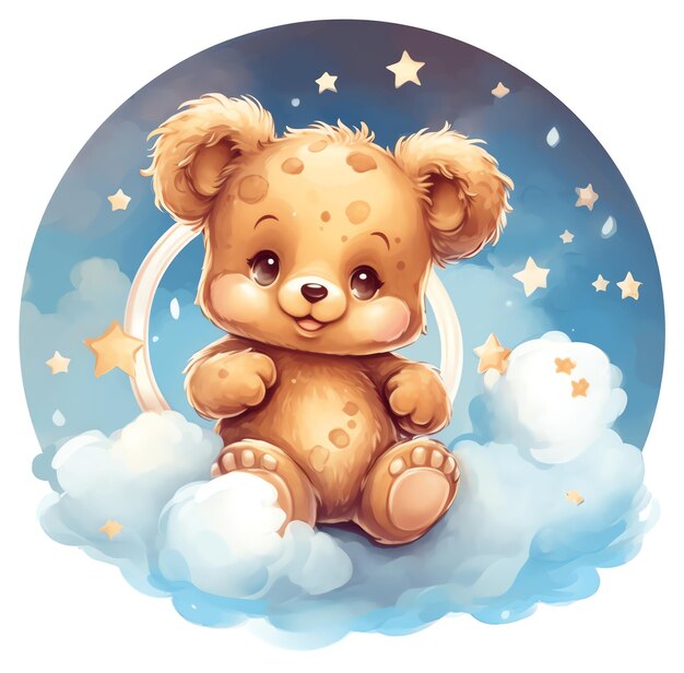 A cozy teddy bear resting on a fluffy cloud hugging a star in watercolor style