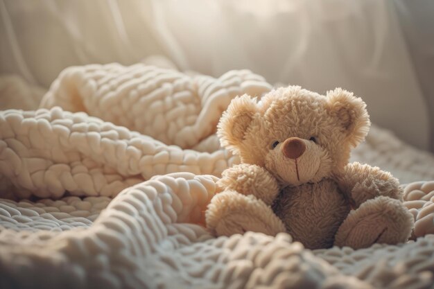 Cozy teddy bear in warm bed light