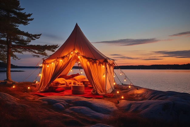 Cozy tent illuminated by the warm glow of a lantern at dawn