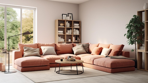 Cozy terra cotta fabric corner sofa near window