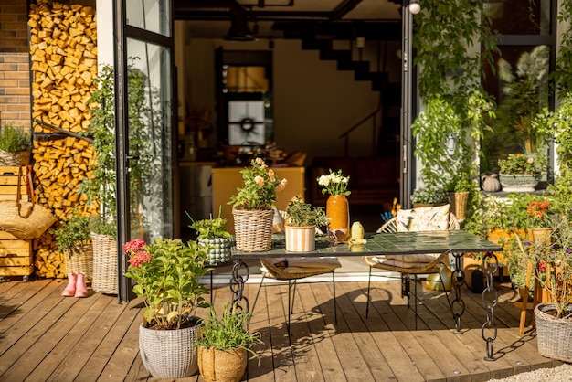 Cozy terrace decorated with plants