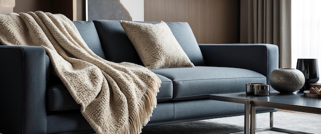 Photo a cozy textured throw blanket draped over a modern sofa enhancing interior warmth