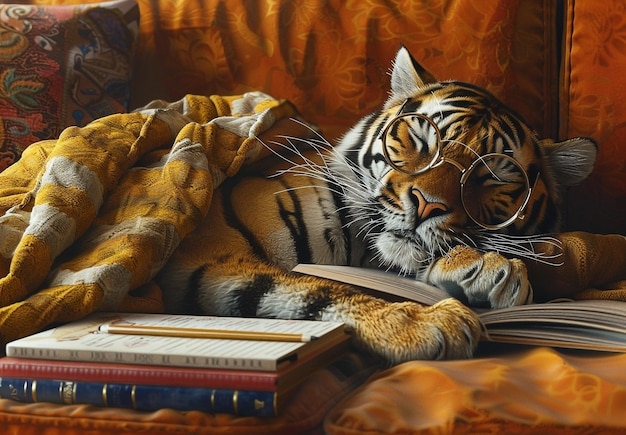 Cozy Tiger Sleeping on Sofa with Books and Glasses