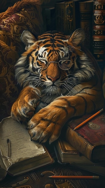 Cozy Tiger Sleeping on Sofa with Books and Glasses