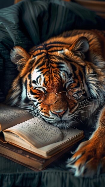 Cozy Tiger Sleeping on Sofa with Books and Glasses