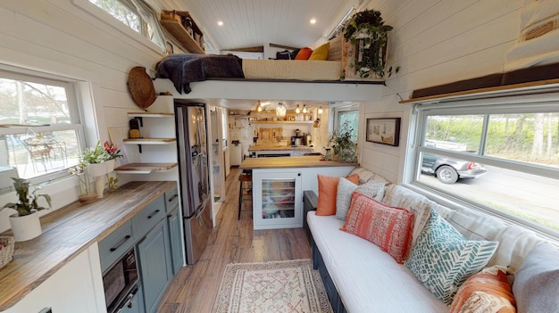 Photo cozy tiny house interior featuring spacesaving solutions and warm decor