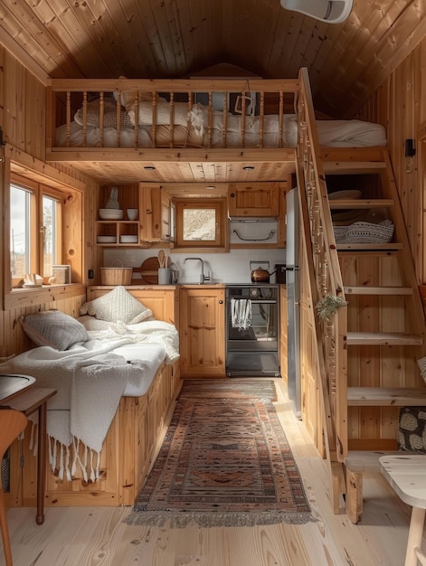 Cozy Tiny House Interior with Loft Bedroom and Wood Cabin Decor