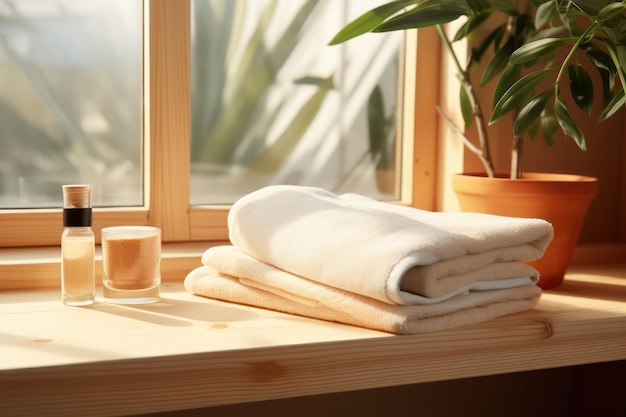 Cozy Towels Adorn a Sunlit Window Sill Home Comfort