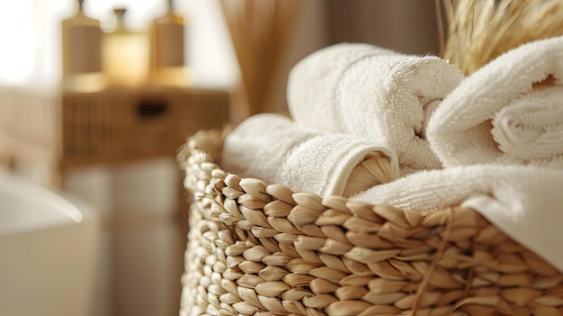 Photo cozy towels nestled in a woven basketcreating a calming and inviting bathroom sanctuary