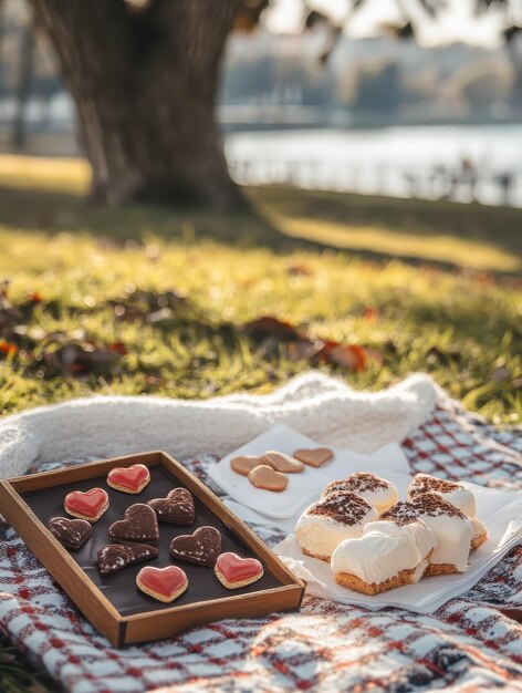 Photo cozy valentines day picnic with heartshaped treats and scenic park view