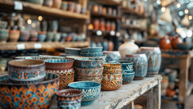 Photo cozy and vibrant display of handcrafted ceramic bowls and pottery in artisan shop