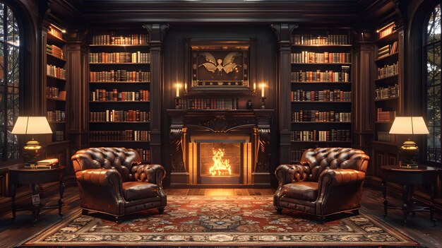 Photo cozy victorian style home library with bookshelves and fireplace