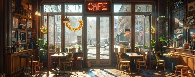 Photo cozy vintage cafe interior with sunlit windows and street view in the background