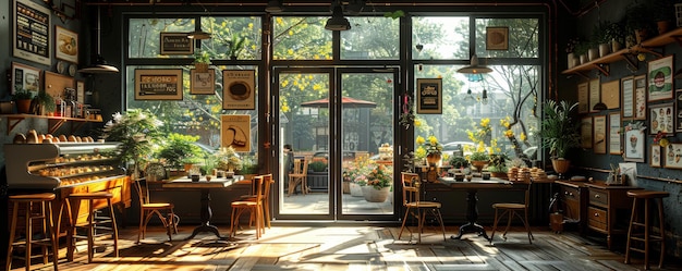 Photo cozy vintage coffee shop interior with sunlit windows and outdoor seating area