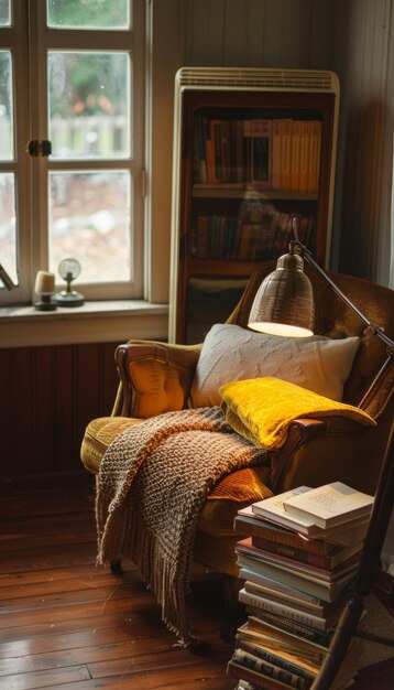 Cozy Vintage Reading Nook with Electric Heater and Armchair for Warmth and Comfort