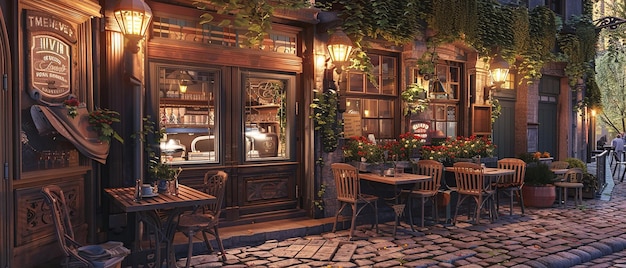 A Cozy VintageStyle Caf on a Cobblestone Street