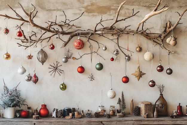 Photo cozy wall display of wooden branches and festive ornaments infusing holiday spirit into home