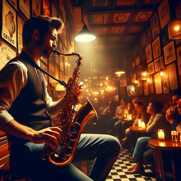 In the cozy warmth of a jazz club illuminated by dim lights and adorned with vintage posters a sax