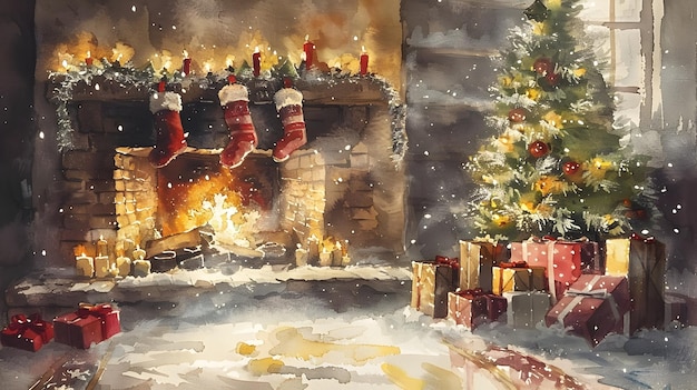 Cozy Watercolor Fireplace with Festive Christmas for Warm Holiday