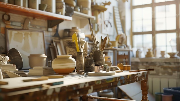 A cozy wellused potters studio filled with clay creations tools and pottery wheels bathed in warm inviting light from a nearby window