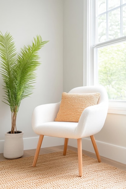 Cozy white chair by the window with a potted fern and natural fiber rug