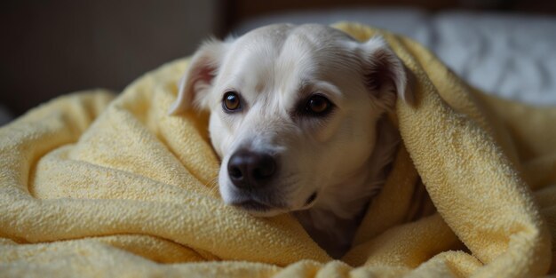 Photo cozy white dog wrapped in a soft yellow blanket