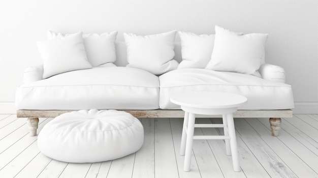 Photo a cozy white sofa adorned with plush cushions sits invitingly against a white wall accompanied by a small round table and a comfy floor pillow creating a serene living space