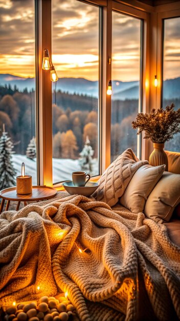 Photo cozy window seat with a blanket pillows and a view of the sunset