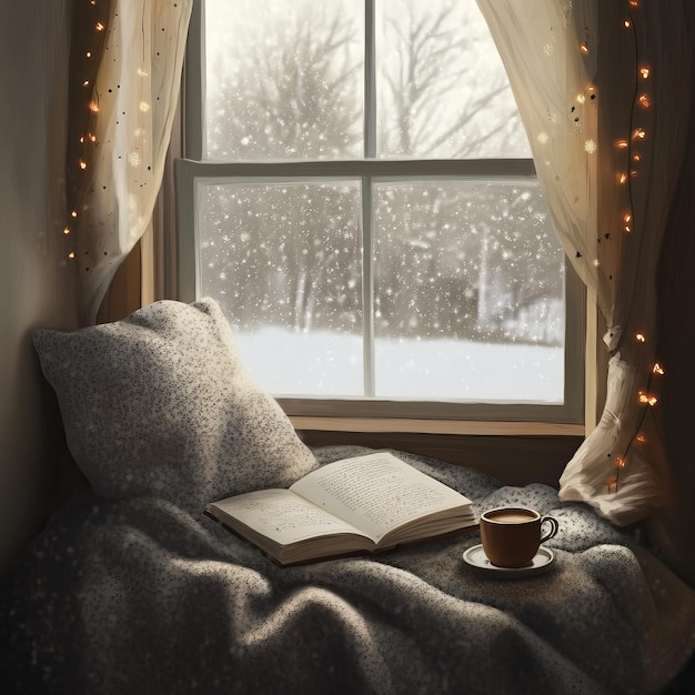 Cozy window seat with a book coffee and a view of a snowy landscape