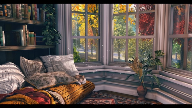 Cozy window seat with a cat napping on pillows overlooking an autumnal landscape