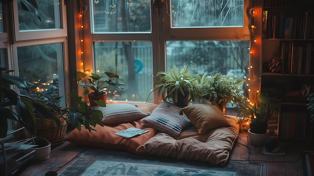 Photo cozy window seat with pillows and string lights