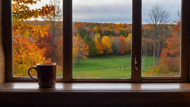 Photo a cozy window seat with a plaid blanket and a steaming mug of coffee perfect for autumn relaxation