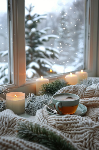 Photo cozy windowsill with candles and knitted blanket on a snowy day