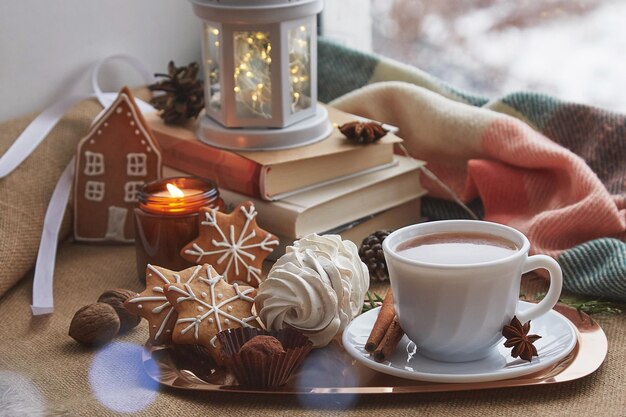 Cozy winter atmosphere at windowsill at snowy day Christmas home books cookies marshmallow cup of cocoa background