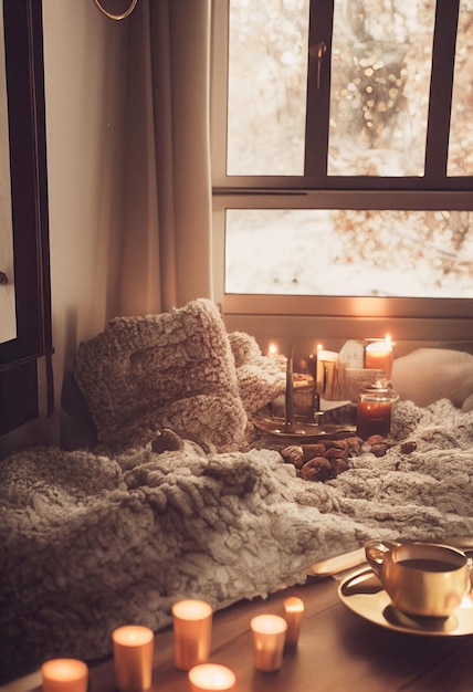 Cozy winter or autumn morning at home Swedish hygge includes hot coffee with a gold metallic spoon