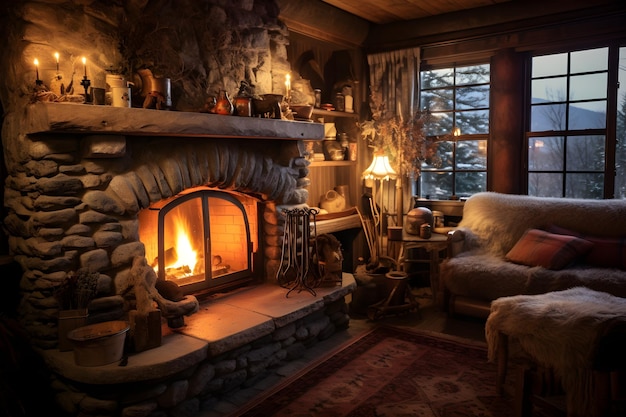 Cozy Winter Cabin Indoor Warmth contrasted with Outdoor Chill Featuring Stone Fireplace