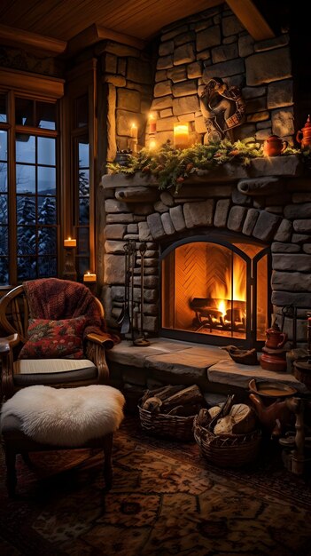 Cozy Winter Cabin Indoor Warmth contrasted with Outdoor Chill Featuring Stone Fireplace