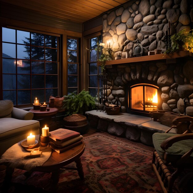 Cozy Winter Cabin Indoor Warmth contrasted with Outdoor Chill Featuring Stone Fireplace