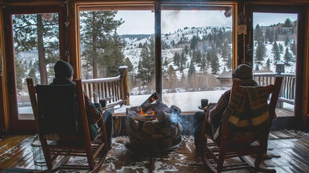 Photo cozy winter cabin retreat with a couple sitting by a crackling fireplace surrounded by snowcovered pine trees outside warm blankets and mugs of hot cocoa