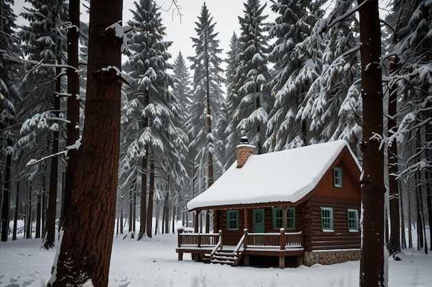 Photo cozy winter cabin in snowcovered forest on scenic background