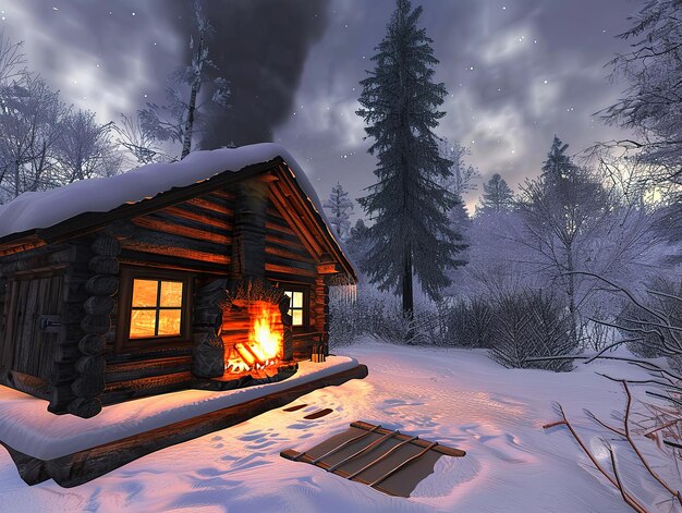 Cozy winter cabin surrounded by snow Small Wooden Cabin in Snow Mountain Landscape