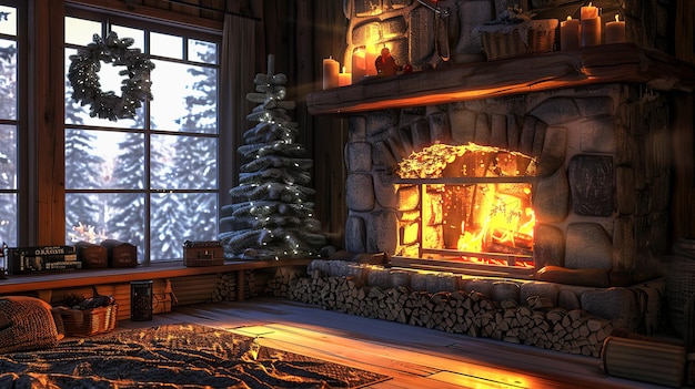 Cozy Winter Cabin with Chimney fire surrounded by snow