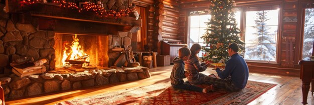 a cozy winter cabin with a family playing board games by the fireplace