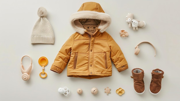 Photo cozy winter childrens clothing set jacket suede booties hat trendy kids fashion