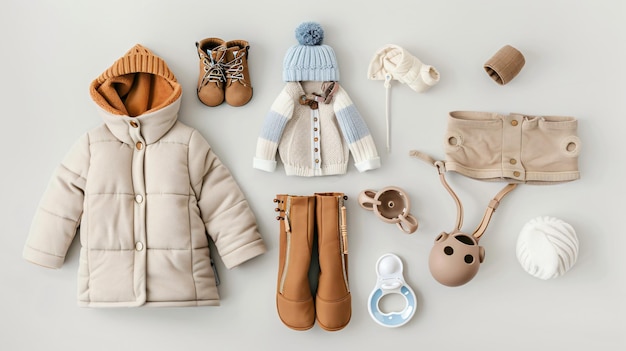 Photo cozy winter childrens clothing set jacket suede booties hat trendy kids fashion