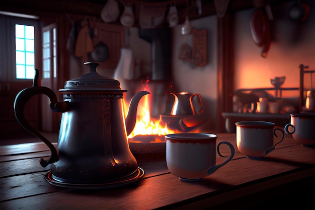 Cozy winter day Mug with hot tea on wood table in front of Fireplace as a background