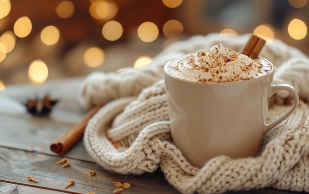 Photo cozy winter drink with whipped cream and cinnamon