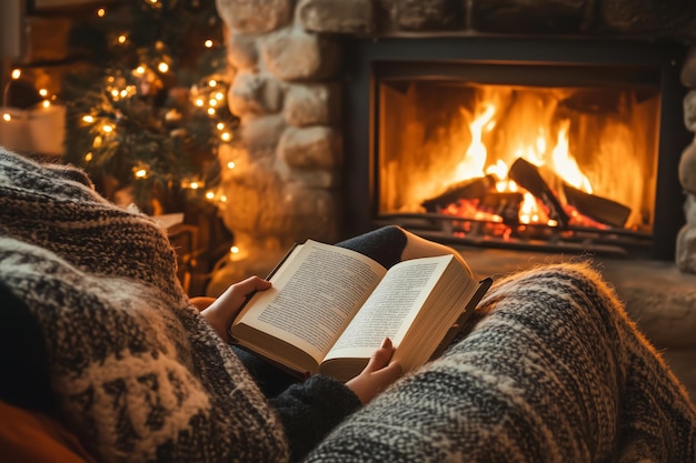 Cozy winter evening by the fireplace with a book and twinkling lights in a rustic living room