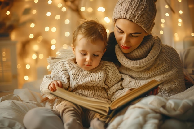 Cozy Winter Evening at Home with Young Mother and Child Reading a Book Together Warm Knitwear and